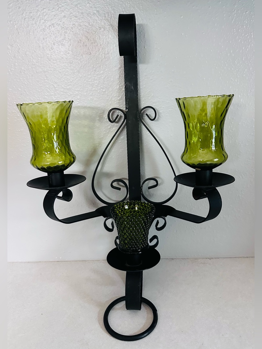 Vintage Black Scroll Wrought Iron 3 Candle Wall Sconce w/ 3 Green Glass Votives